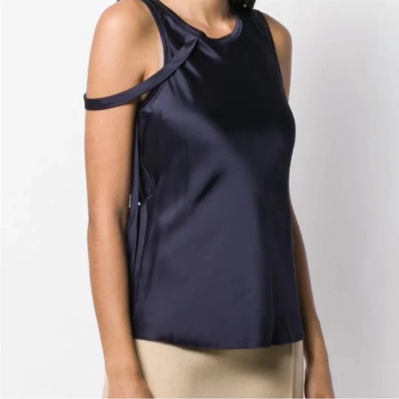 NWT Helmut Lang Navy Satin Sleeveless Asymmetrical  Harness Shoulder Top Size S - Picture 1 of 16